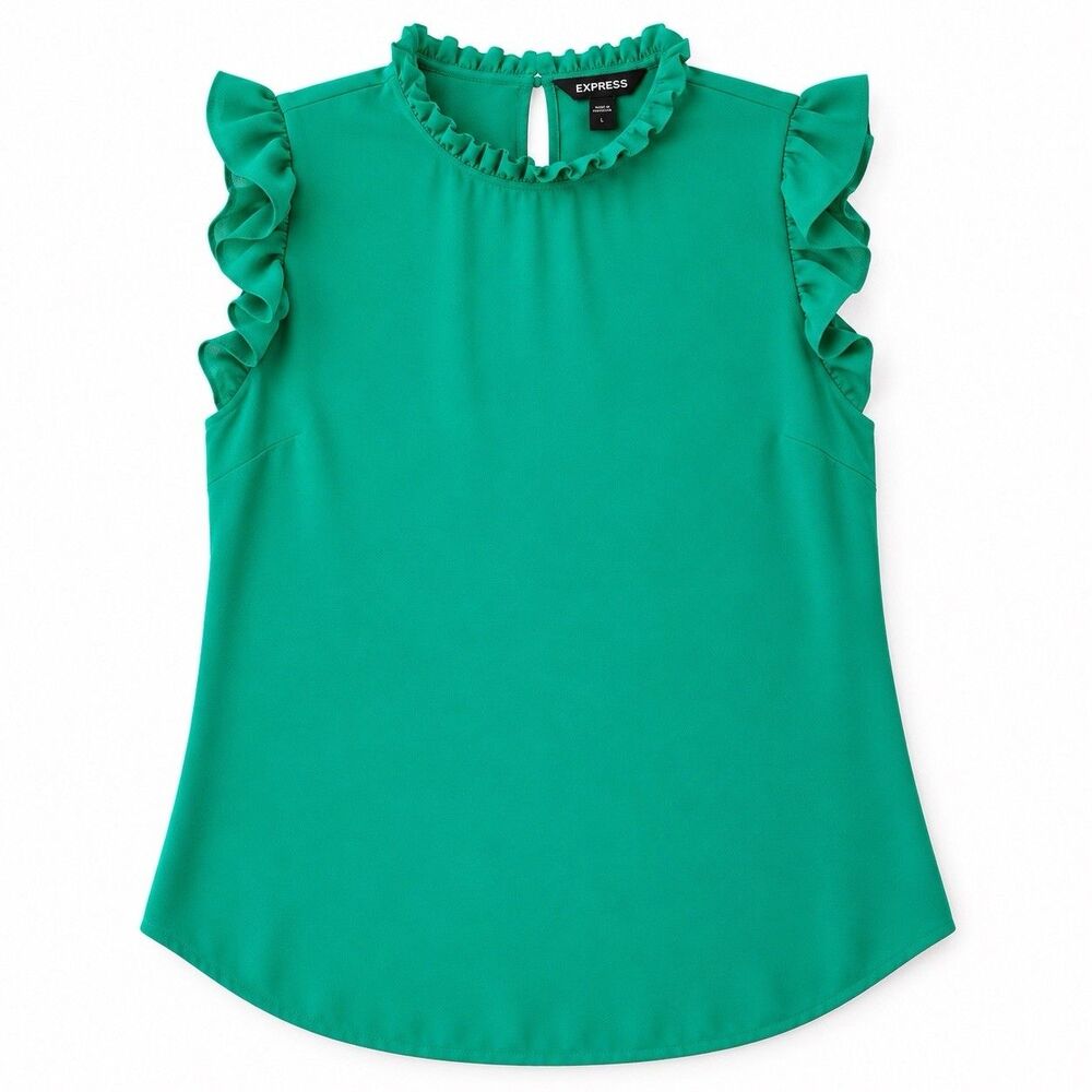 Express Women's Green Ruffle High Neck Sleeveless Tank Blouse L
